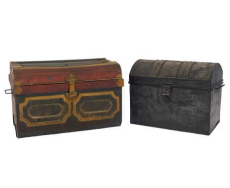 A Victorian tin and brass mounted trunk, later painted, 58cm wide, and a similar ebonised trunk with a domed lid, 49cm wide. 