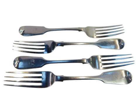 Four Victorian silver Fiddle pattern dessert forks, initial engraved, Chawner and Co, London 1872, 5.77oz.