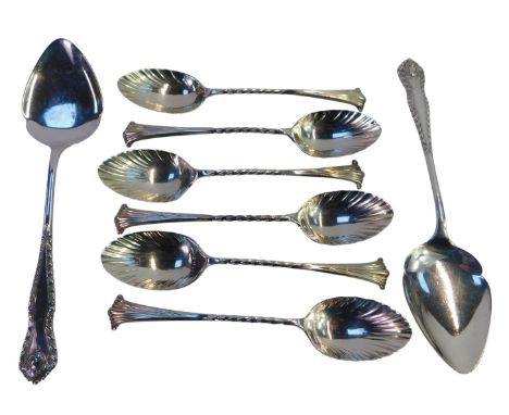 A set of six Victorian silver coffee spoons, with a shaped bowl, twisted handle, London 1890, together with a pair of Edward 