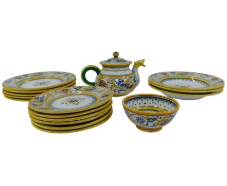 A S Volpi Deruta tin glazed part tea and dinner service, comprising a teapot, 16cm high, sugar bowl, eight dinner plates, and