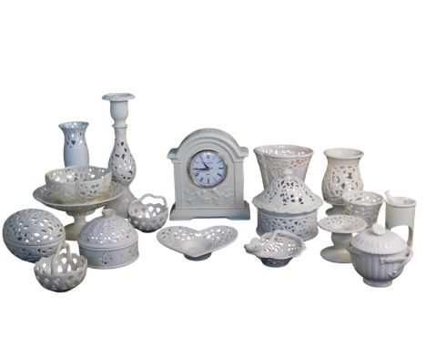 A group of Royal Creamware and other creamware pottery, to include a WM Widdop mantel clock with quartz movement, 18cm high, 