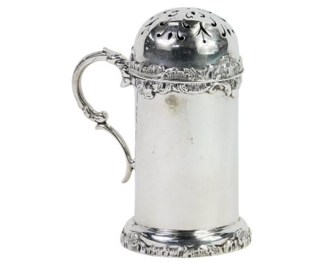 An Edward VII silver spice or flour dredger, with a pierced lid and scroll work decoration, Josiah Williams and Co, London 19