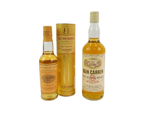 Two bottles of whisky, comprising Glen Carren Malt Scotch whisky, Eight Years, 75.7cl, and Glenmorangie Single Highland Malt 