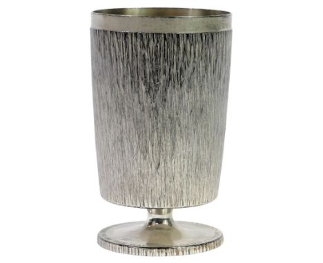 An Elizabeth II silver goblet, with bark effect decoration and inscribed to the circular base Jed Trimingham from the Haberda
