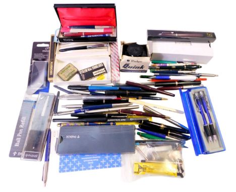 A group of fountain and ballpoint pens, including Cross, Parker, together with ink cartridges, ballpoint pen refills, a Parke