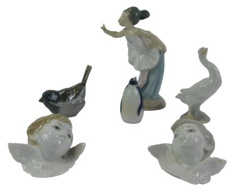 A group of porcelain, comprising a Nao porcelain figure modelled as a ballerina, 19cm high, a Lladro goose, two Royal Copenha