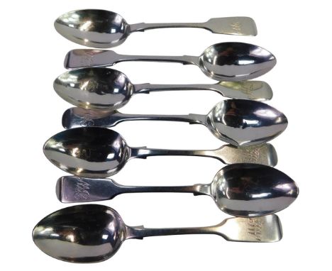A set of seven Victorian silver Fiddle pattern teaspoons, each handle initial engraved, Henry Holland, London 1869, 4.34oz. 