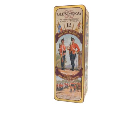 A bottle of Glen Moray Single Highland Malt Scotch whisky, twelve years old, 75cl, in a tin To Commemorate Scotland's Histori