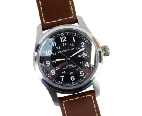 A Hamilton gentleman's Khaki automatic stainless steel cased wristwatch, circular black dial bearing Arabic numerals, centre 