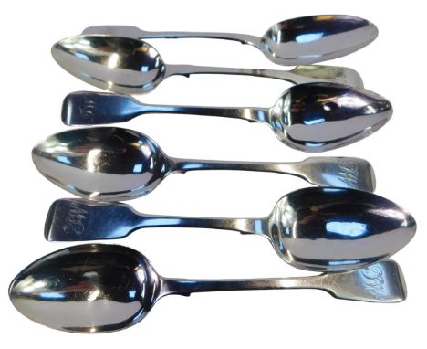 A set of six 19thC silver Fiddle pattern dessert spoons, initial engraved, differing makers and makes, to include London 1843