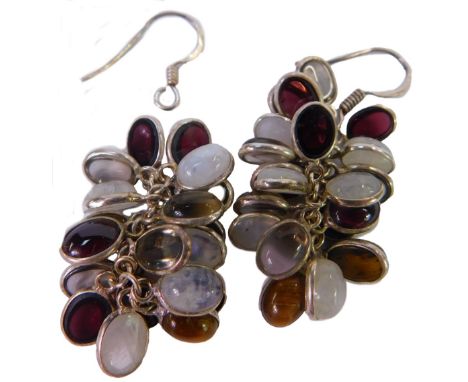 A pair of silver multi gem stone drop earrings.