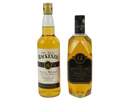 A bottle of The Real MacKenzie Scotch whisky, 70cl, and The Antiquary Twelve Year Old Scotch whisky, 75cl.