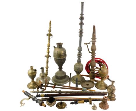 Various Eastern hookah pipes, to include silver coloured metal, brass, enamel work, etc. (AF)