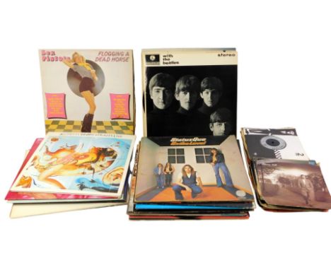 LP records, including With The Beatles, albums by Status Quo, Dire Straits, Rod Stewart, and various 45rpm singles. (a quanti