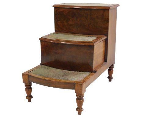 A set of Victorian figured mahogany step commode steps, with three carpet covered treads, a hinged central section revealing 