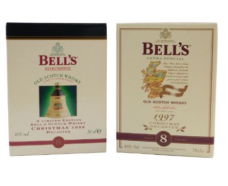 Two Bell's Scotch whisky Christmas decanters, for 1997 and 1998, 70cl, boxed.