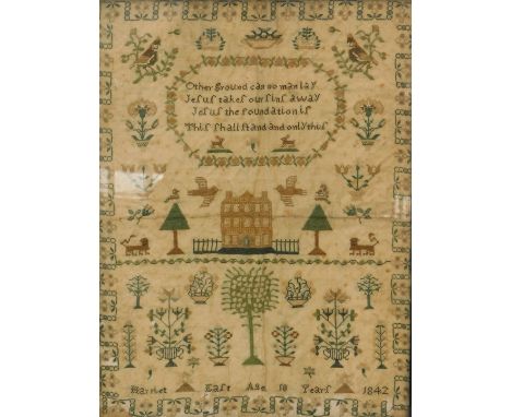 A Victorian needlework sampler, pictorial with religious verse, named to Harriet Eaft (?) aged ten years, dated 1842, 43cm x 