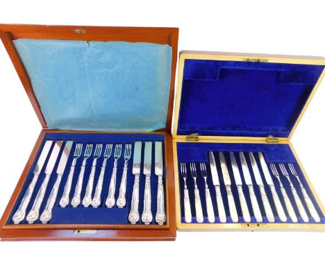 A Collingwood and Son Ltd silver plated and mother of pearl handled fruit knife and fork set, for six place settings, in a fi