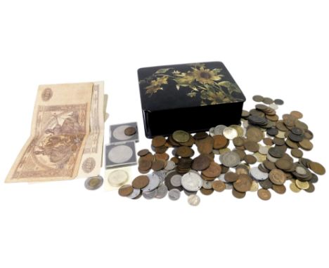 A group of coins, mainly nickel silver and bronze, etc., and a small collection of banknotes, contained in a lacquer box.