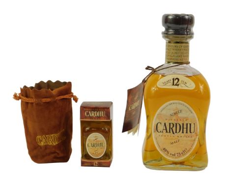 A bottle of Cardhu Single Malt Scotch whisky, 75cl, together with a miniature bottle, 5cl, in a suede pouch.