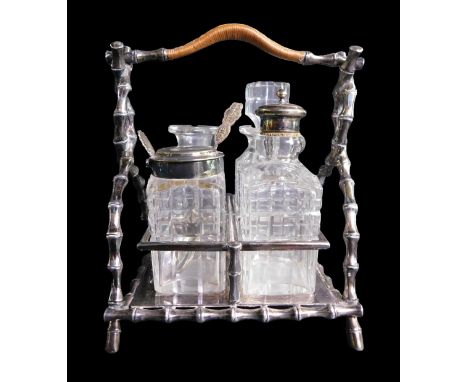 A James Deakin and Sons silver plated four piece cruet stand, of simulated bamboo form with a woven rattan handle, containing