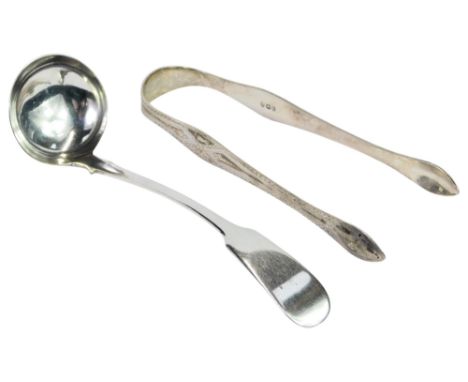 A George II silver Fiddle pattern sauce ladle, together with a pair of Georgian silver sugar tongs, bright cut decorated, 2oz