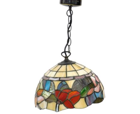 A Tiffany style ceiling light, decorated with flowers, on a pearlescent ground, 29cm wide. 