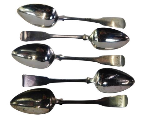 A set of five George III silver Fiddle pattern teaspoons, each initialled engraved, David McDonald, Edinburgh 1818, 1.85oz. 