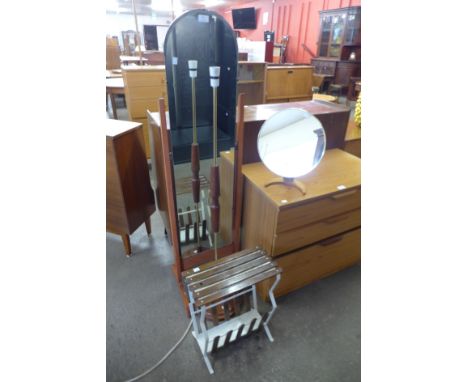 A teak standard lamp, cheval mirror, etc. (4) 