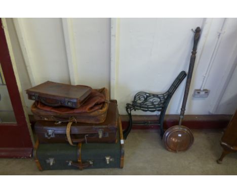 A steamer trunk, cases, copper warming pan and a pair of bench ends 