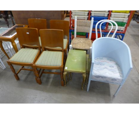 A set of four oak chairs, bentwood chair, painted chair, onyx and brass nest of tables, mahogany and glass topped console tab