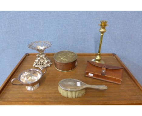 A brass and copper circular box and cover, brass tamper stick, leather pouch, etc. (6) 