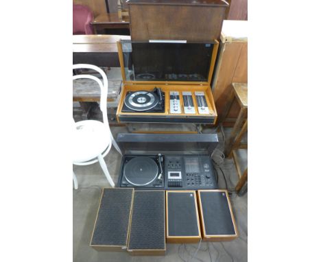 A vintage Deccasound record player, Garrard record player and four speakers 
