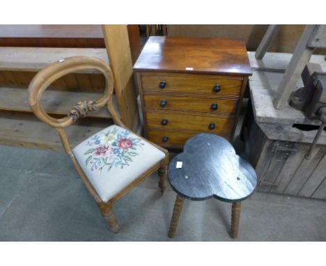 A bobbin turned trefoil shaped stool, a mahogany chair and and a Victorian chest commode 