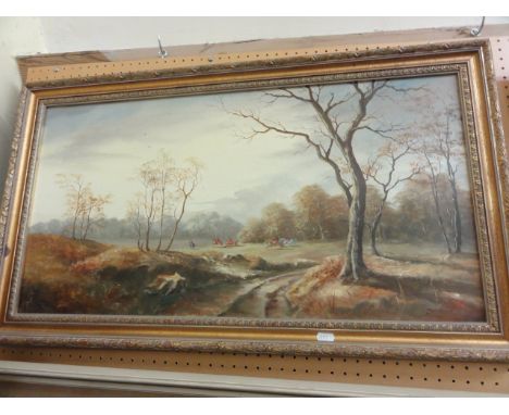 An oil painting on canvas of a hunting scene in a wooded landscape signed with initials bottom right J R W and with artists l
