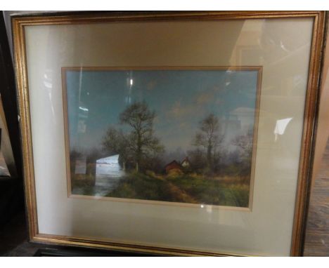 A pair of oil paintings on board of landscape subjects, one with a pair of pheasants in a wooden landscape beside farm buildi