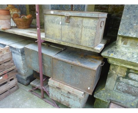 Six 19th century sheet steel and tin lined deed boxes of varying design, some bearing original painted lettering, together wi