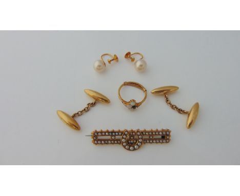 A Victorian style bar brooch, centred with a horseshoe motif, set throughout with pearls, in unmarked gilt metal; an opal and