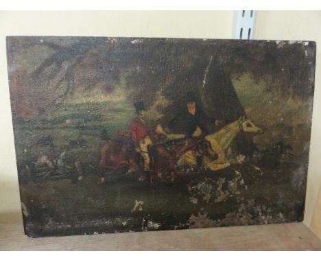 An early oil painting on panel in the primitive manner showing a hunting scene, 26cm x 41cm, unframed