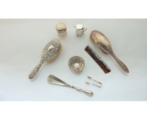 A miscellaneous collection of silver-mounted dressing table items, various makers, Birmingham, 1914 - 1977, comprising: two h