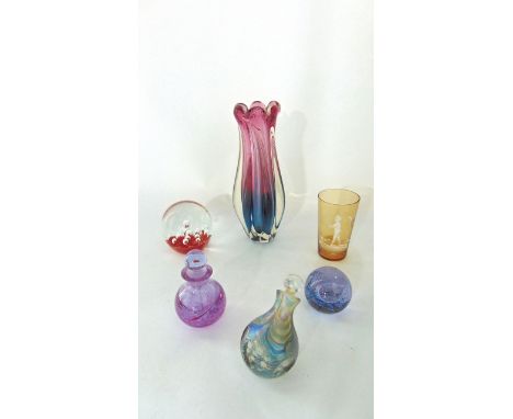 A selection of glassware to include an Okra glass scent bottle of globular form with irridescent banded detail and cut facett