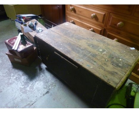 A vintage stained box with hinged lid containing a quantity of mainly woodworking hand and other tools including a selection 