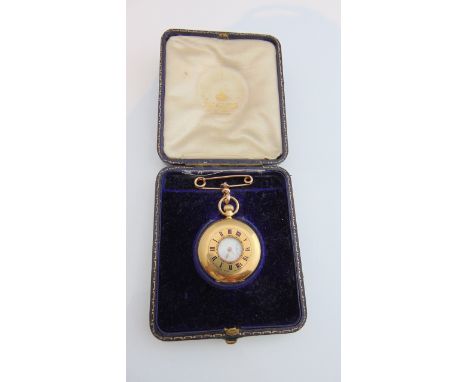 A cased 18ct gold half-hunter fob watch, J.W. Benson, London, the white enamelled dial with black Roman numerals, subsidiary 