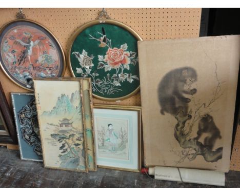 A collection of oriental pictures and prints including a print of a pair of monkeys in a prunus tree, inscribed monkeys and p