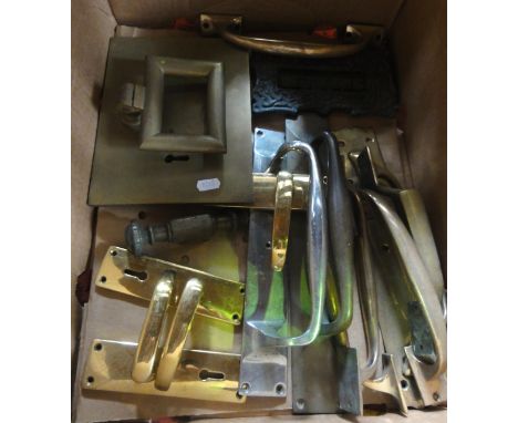 A collection of various brass door plates, a brass lock plate with knocker, cast iron letter plate, etc together with a furth