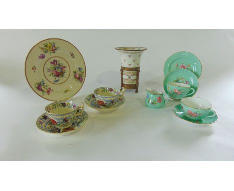 A 19th century plate with painted floral sprigs and sprays, a collection of Copeland Spode turquoise ground tea for two wares