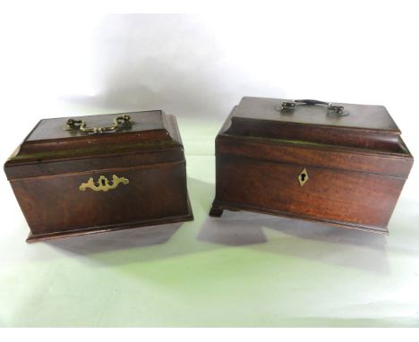 A good quality Georgian walnut veneered tea caddy of sarcophagus form with applied looping brass handle to the hinged lid rev