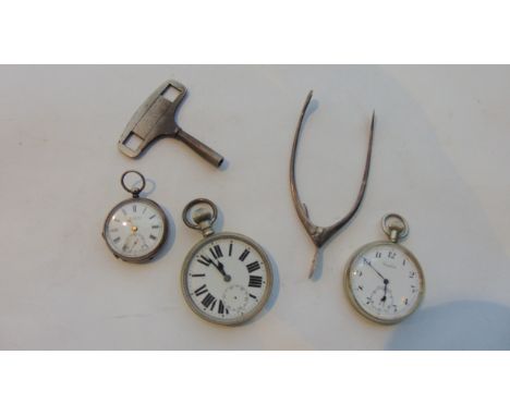 Two silver plated pocket watches, silver fob watch, compass and a pair of silver wishbone tongs
