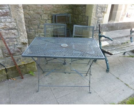 A contemporary cast aluminium 3-piece garden terrace set comprising a table with circular pierced top, raised on swept tripod