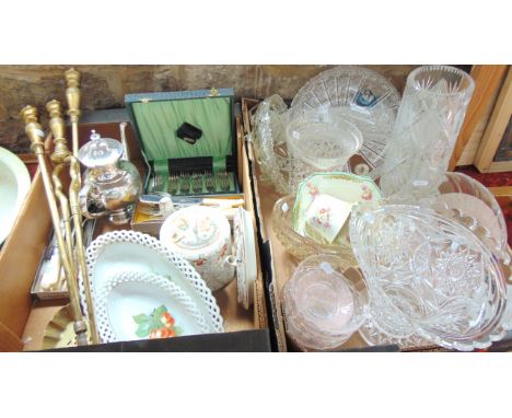 A collection of glassware to include heavy clear cut glass bowls, vases  etc, together with brass fireside effects, ceramic w